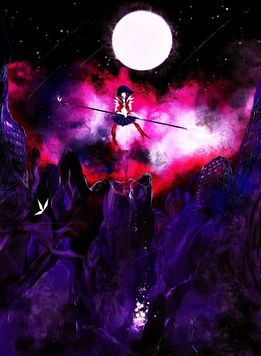 1girl absurdres bishoujo_senshi_sailor_moon boots city closed_eyes destruction elbow_gloves flower full_moon gloves highres knee_boots light_particles long_legs moon petals philocne polearm ruins sailor_saturn shooting_star short_hair silence_glaive skirt solo star_(sky) tagme tomoe_hotaru weapon wind