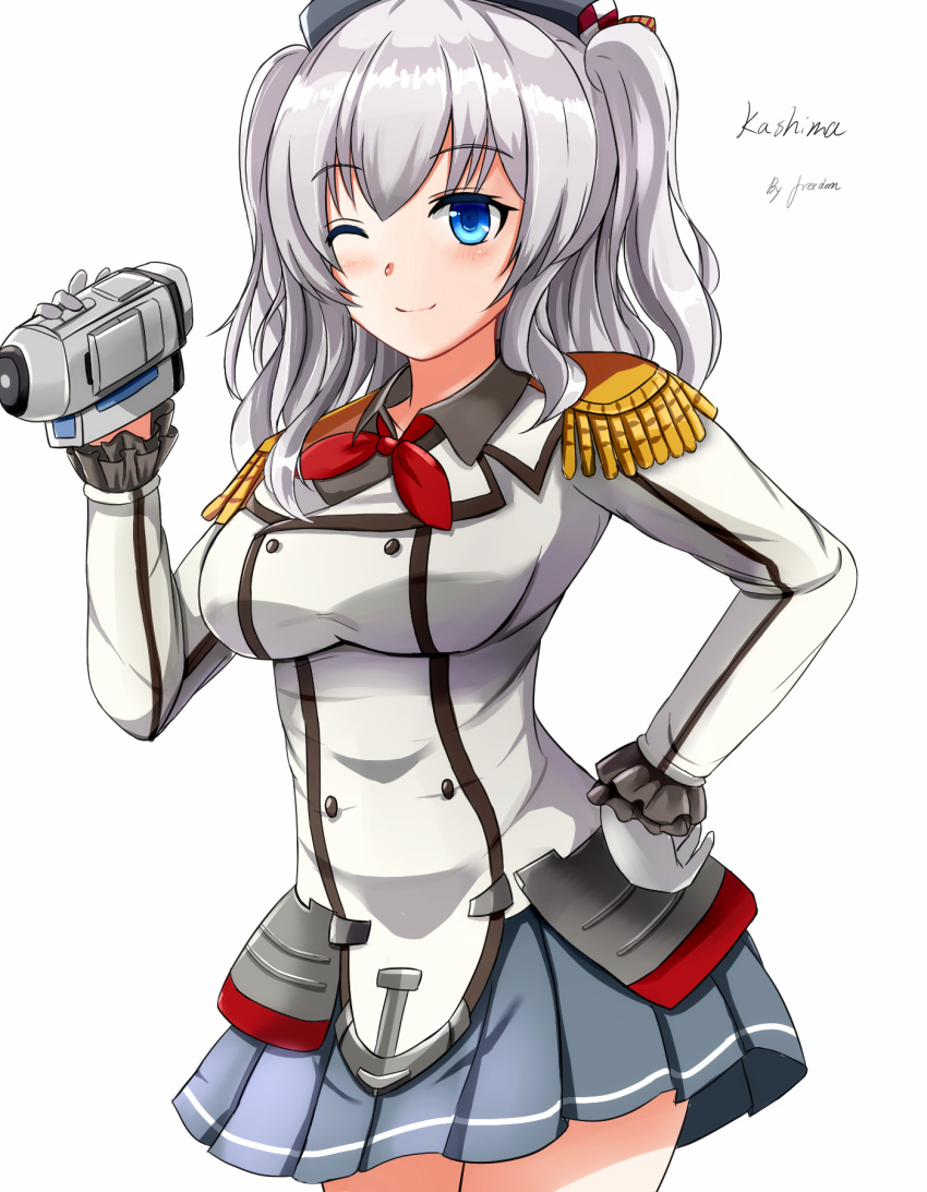 1girl blue_eyes camcorder charlotte_(anime) cosplay epaulettes gloves highres kantai_collection kashima_(kantai_collection) kashima_(kantai_collection)_(cosplay) long_hair look-alike military military_uniform one_eye_closed saber-freedom silver_hair tomori_nao two_side_up uniform