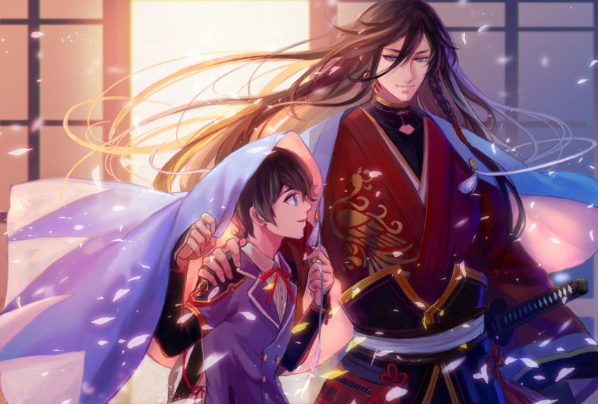 2boys black_hair blue_eyes braid double-breasted ear_studs earrings guan_tang_baozi hand_on_another's_shoulder haori highres horikawa_kunihiro izumi-no-kami_kanesada japanese_clothes jewelry male_focus multiple_boys petals shinsengumi side_braid smile touken_ranbu