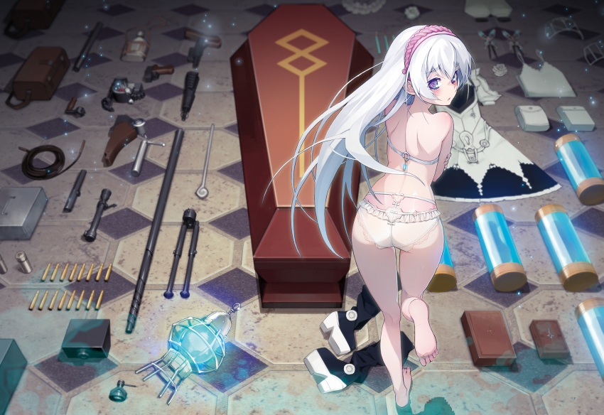 1girl ass back barefoot bipod blush book bra bullet camisole chaika_trabant clothes_removed coffin container covering covering_chest dress embarrassed feet from_above from_behind full_body glowing gun hairband highres hitsugi_no_chaika lace lace-trimmed_panties leaning_forward looking_at_viewer looking_back namaniku_atk panties scope underwear underwear_only violet_eyes weapon white_bra white_hair white_panties