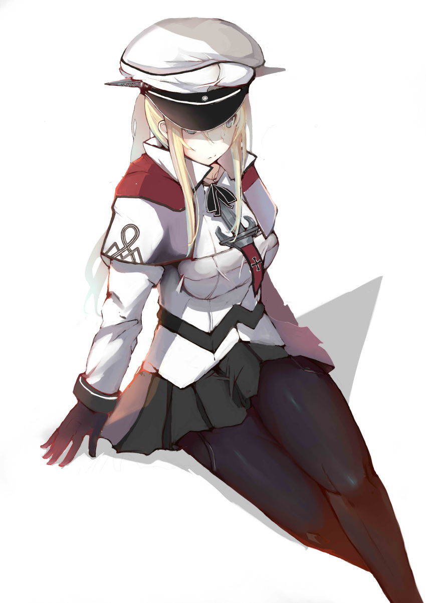 1girl absurdres blonde_hair blue_eyes capelet celtic_knot foodtoyc gloves graf_zeppelin_(kantai_collection) hat highres kantai_collection long_hair pantyhose peaked_cap skirt solo twintails uniform