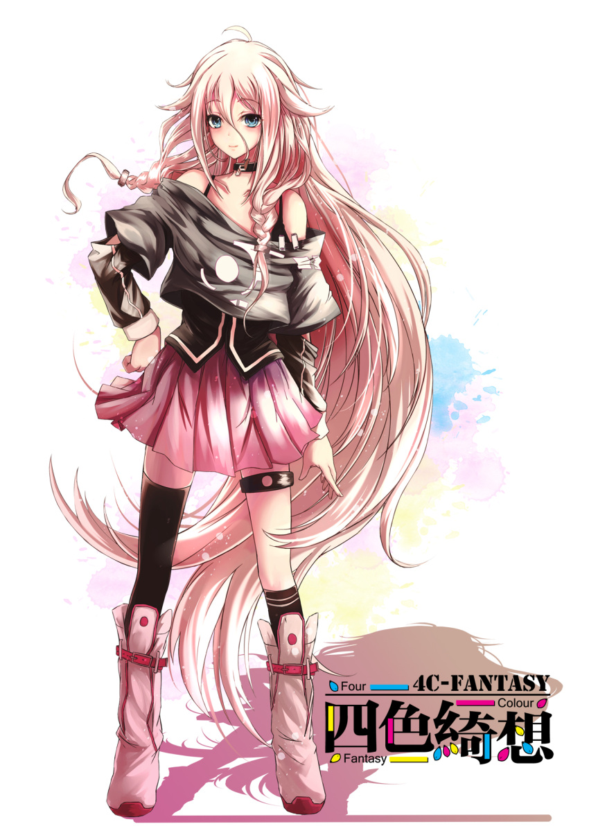 1girl absurdly_long_hair ahoge bare_shoulders blue_eyes blush boots braid choker contrapposto hair_between_eyes hand_on_hip highres ia_(vocaloid) jianren long_hair looking_at_viewer off_shoulder pink_hair single_thighhigh smile solo thigh-highs thigh_strap twin_braids very_long_hair vocaloid white_background