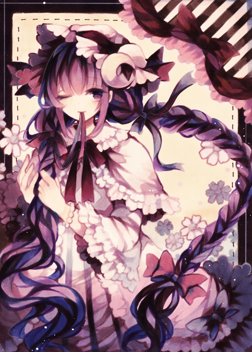 1girl alternate_hairstyle blue_bow bow braid breasts crescent_hair_ornament frilled_sleeves frills hair_ornament hair_ribbon hat hat_ribbon highres long_hair looking_at_viewer mouth_hold one_eye_closed patchouli_knowledge purple_hair red_bow ribbon smile solo touhou traditional_media twin_braids upper_body very_long_hair violet_eyes wiriam07
