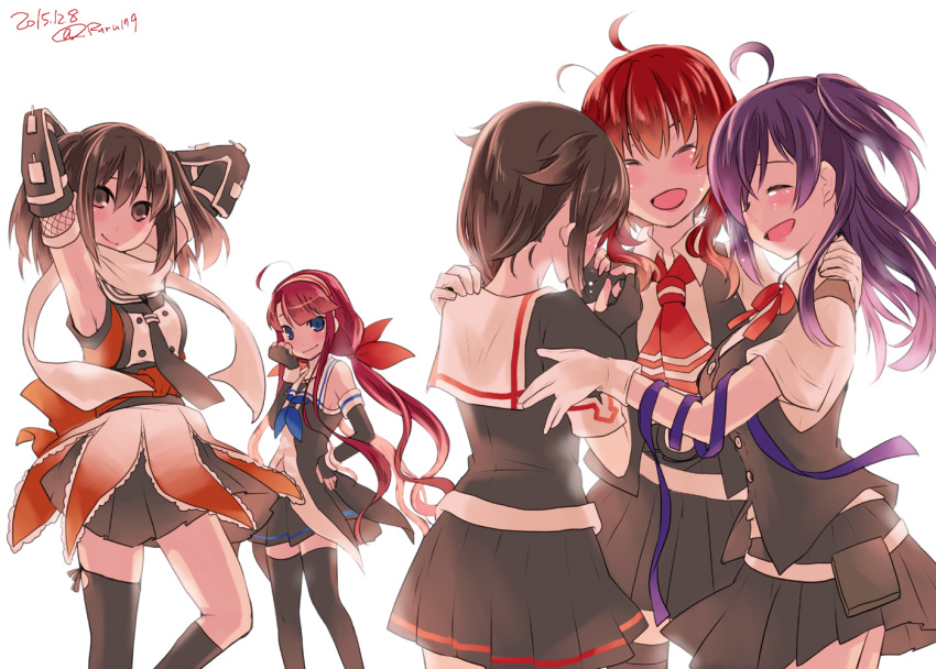 5girls ahoge aikawa_ruru arashi_(kantai_collection) arms_behind_head arms_up asymmetrical_bangs asymmetrical_legwear back bag bangs bare_shoulders belt black_gloves black_hair black_legwear black_serafuku black_skirt blouse blue_eyes blush bright_background brown_eyes brown_hair closed_eyes collared_shirt commentary_request crying dated elbow_gloves fanny_pack fingerless_gloves gloves hagikaze_(kantai_collection) hair_flaps hair_ornament hair_ribbon hairband hand_on_another's_shoulder hand_on_hip happy kantai_collection kawakaze_(kantai_collection) kerchief kneehighs long_hair looking_at_viewer low_twintails messy_hair multiple_girls neck_ribbon neckerchief open_mouth pleated_skirt purple_hair redhead remodel_(kantai_collection) ribbon scarf school_uniform sendai_(kantai_collection) serafuku shigure_(kantai_collection) shirt short_hair short_sleeves side_ponytail sidelocks single_kneehigh single_thighhigh skirt sleeveless sleeveless_shirt smile tears thigh-highs twintails twitter_username two_side_up uniform very_long_hair vest white_background white_gloves white_scarf