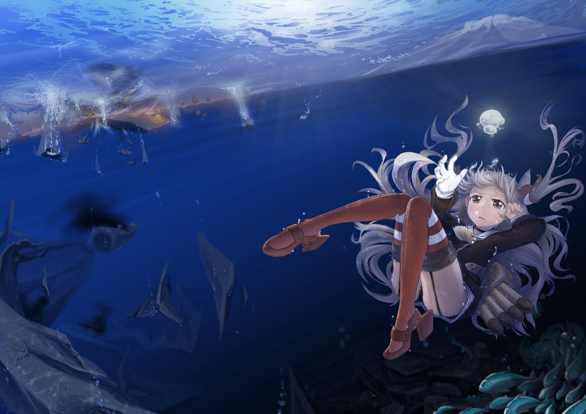1girl absurdres amatsukaze_(kantai_collection) artist_request bubble fish high_heels highres kantai_collection panties rigging submerged thigh-highs underwear