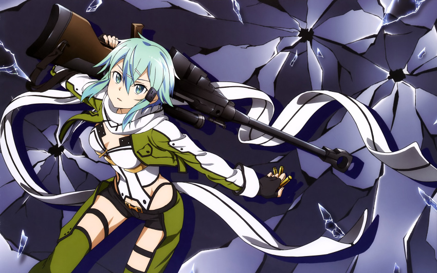 1girl absurdres anti-materiel_rifle black_shorts blue_eyes blue_hair bolt_action breasts cleavage fingerless_gloves gloves green_legwear gun highres holding_gun holding_weapon looking_at_viewer pgm_hecate_ii rifle scope shinon_(sao) short_shorts shorts sniper_rifle solo sword_art_online totosu weapon