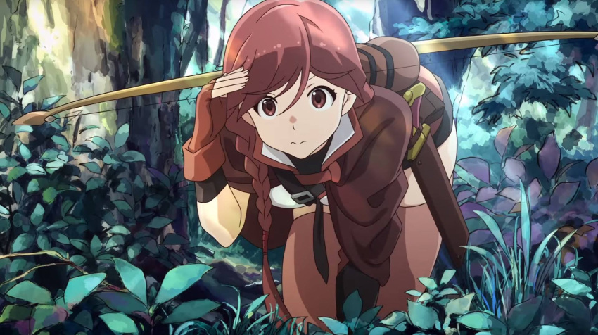 1girl all_fours bow braid buckle bush collar fingerless_gloves gloves hai_to_genso_no_gurimugaru highres leaf long_hair nature outdoors plant quiver red_eyes red_legwear redhead searching sheath single_braid solo sword tagme thigh-highs tree weapon