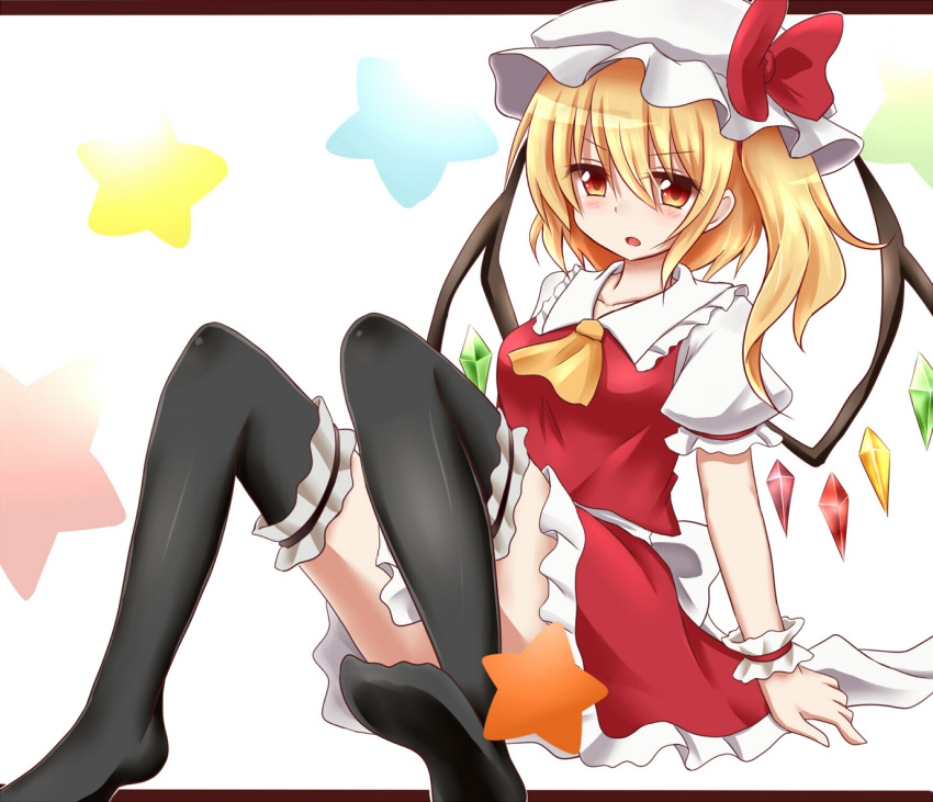 1girl ascot black_legwear blonde_hair bow convenient_censoring convenient_leg dress flandre_scarlet hachimi hat hat_bow mob_cap open_mouth puffy_short_sleeves puffy_sleeves red_dress red_eyes sash shirt short_sleeves side_ponytail sitting star thigh-highs thighs touhou wings wrist_cuffs zettai_ryouiki