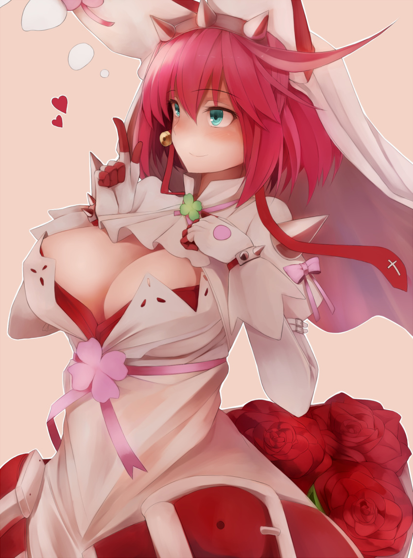 1girl bangs belt blue_eyes blush bow bracelet breasts buckle cleavage closed_mouth clover cravat cross dress elphelt_valentine eyebrows eyebrows_visible_through_hair flower gloves guilty_gear guilty_gear_xrd hair_between_eyes hat heart highres inaba_sunimi jewelry lace large_breasts looking_away pink_bow pink_hair pink_ribbon pointing pointing_up red_flower red_ribbon red_rose ribbon rose simple_background smile solo spiked_bracelet spikes upper_body veil white_dress white_gloves