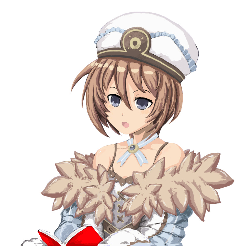 1girl bare_shoulders blanc blue_eyes book brown_hair hat highres kmd looking_at_viewer neptune_(series) open_mouth short_hair solo