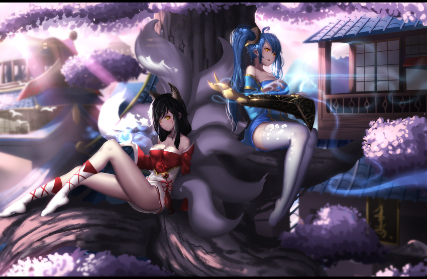 2girls ahoge ahri animal animal_ears architecture bangs bare_shoulders bell between_breasts bird blue_hair blush breasts cleavage closed_mouth cross-laced_legwear detached_sleeves dress east_asian_architecture fox_ears fox_tail highres hk_(hk) in_tree instrument knot large_breasts league_of_legends legs_together letterboxed lipstick long_hair long_sleeves looking_at_viewer magic makeup multiple_girls multiple_tails no_shoes outdoors pink_lips playing_instrument red_dress sitting smile sona_buvelle sunlight swept_bangs tail thigh-highs tree twintails upskirt very_long_hair whiskers white_legwear yellow_eyes