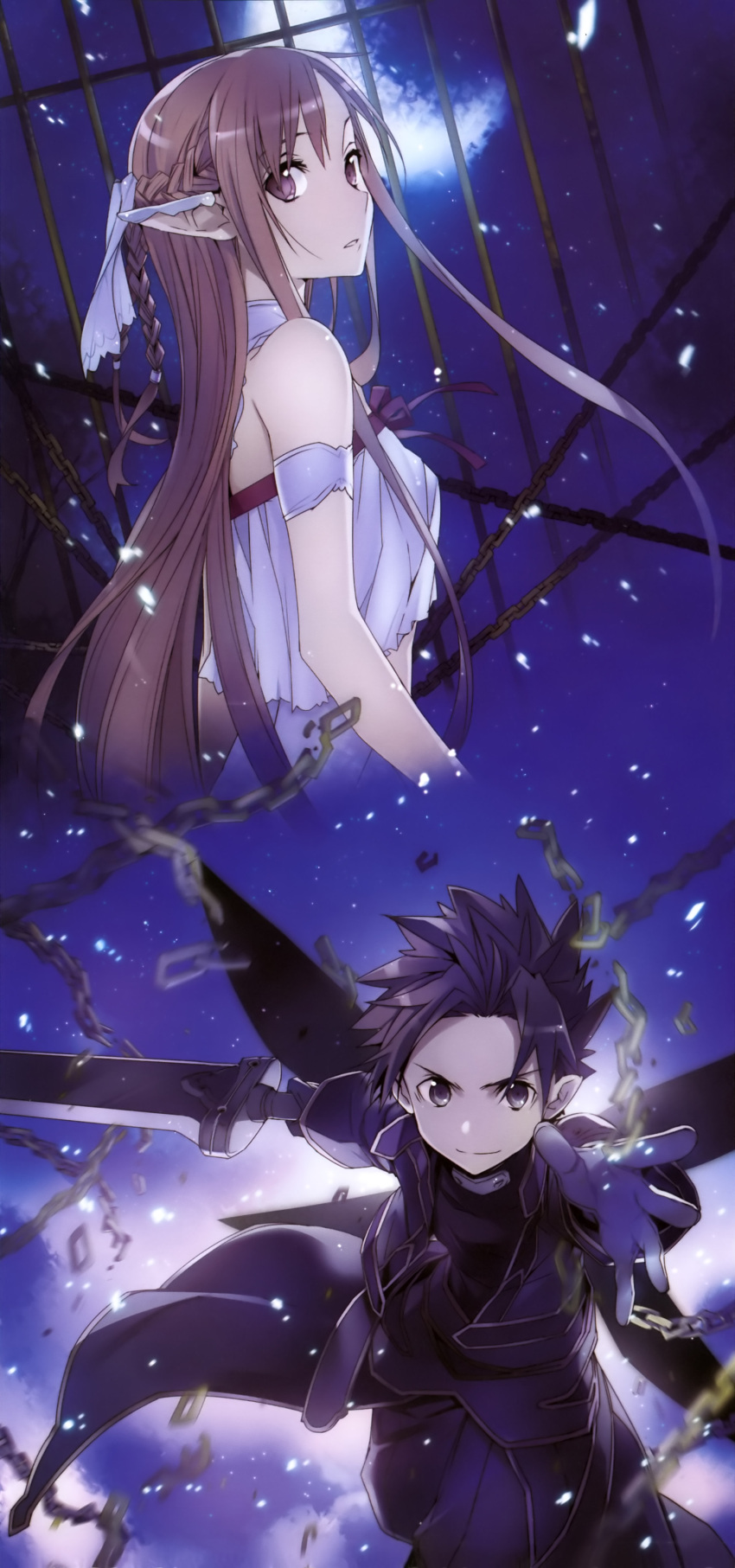 1boy 1girl abec absurdres asuna_(sao) black_eyes black_hair brown_eyes brown_hair chain highres holding_sword holding_weapon kirito kirito_(sao-alo) long_hair looking_at_viewer night spiky_hair sword sword_art_online titania_(sao) weapon