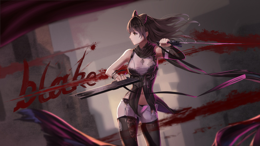 1girl absurdres arm_ribbon bangs black_bow black_eyes black_hair black_legwear black_ribbon black_scarf blake_belladonna blood blood_splatter bow building bustier character_name contrapposto cross-laced_clothes detached_sleeve dual_wielding dutch_angle floating_hair hair_bow highres holding_weapon lace_legwear legs_apart legwear_under_shorts long_hair looking_away motion_blur navel outdoors pants pantyhose red_flowers ribbon rwby scarf shirt shorts sleeveless sleeveless_shirt solo standing stomach unzipped weapon white_shorts yellow_eyes zipper