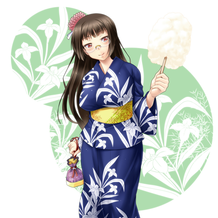 1girl ayato blush brown_hair choukai_(kantai_collection) cotton_candy floral_print flower glasses hair_flower hair_ornament head_tilt highres japanese_clothes kantai_collection kimono kinchaku long_hair looking_at_viewer red_eyes rimless_glasses smile solo