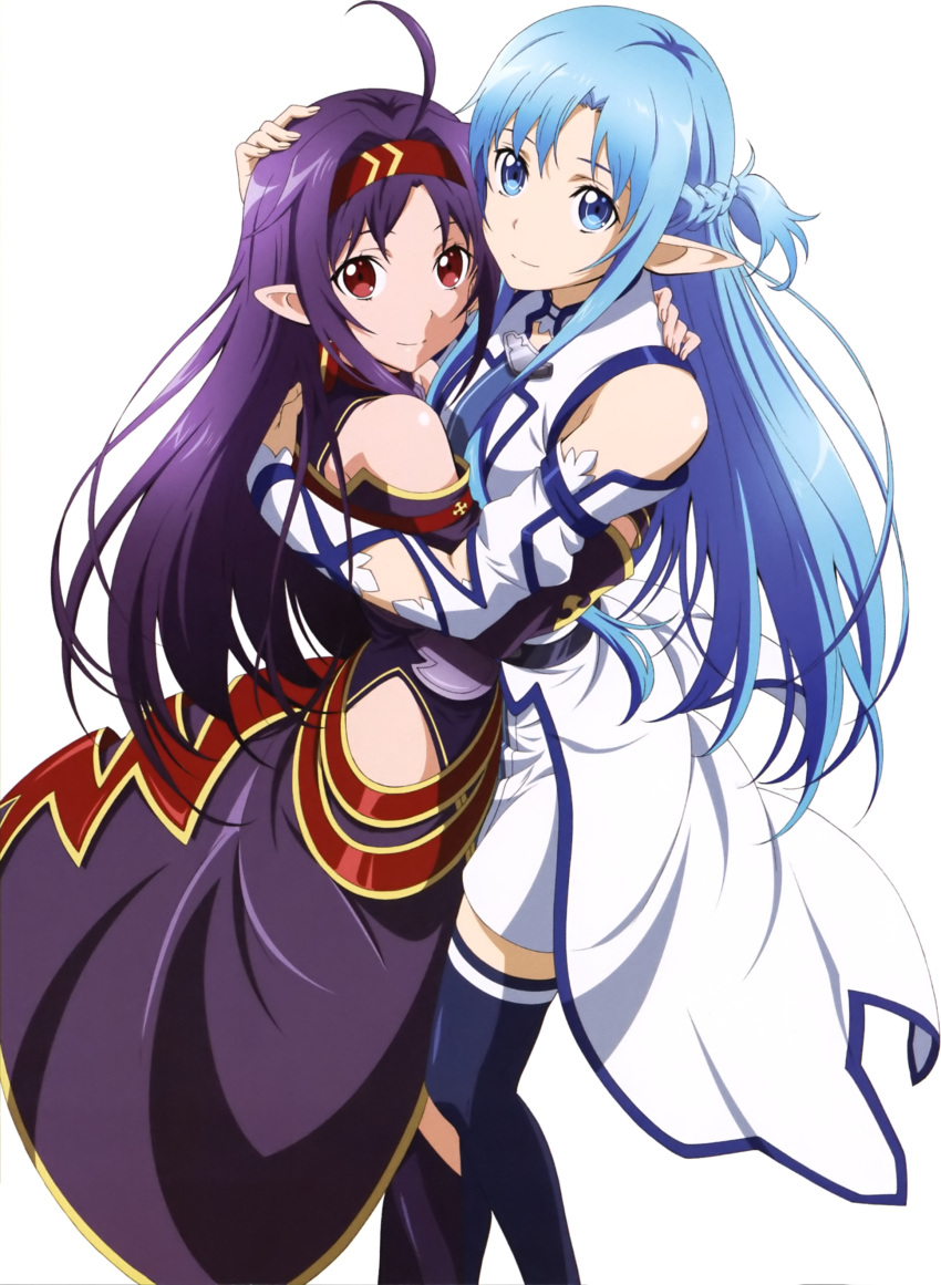 2girls absurdres asuna_(sao) asuna_(sao-alo) blue_hair blue_legwear hand_on_another's_head highres hug long_hair looking_at_viewer multiple_girls nakamura_naoto pointy_ears purple_hair red_eyes simple_background smile sword_art_online thigh-highs white_background yuuki_(sao)