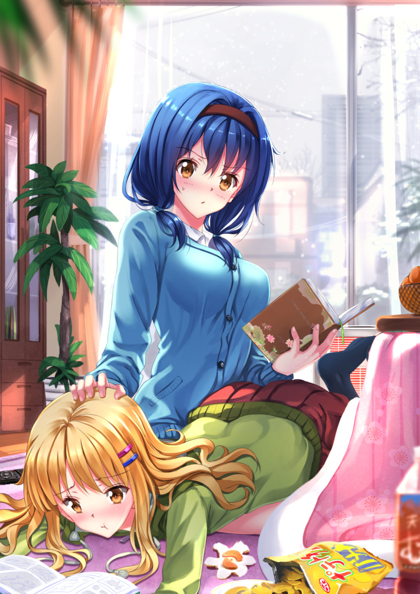 2girls :t air_conditioner bag bangs bare_tree basket blonde_hair blue_hair blue_legwear blurry blush book bottle bow breasts building buttons cable cardigan chips collared_shirt controller curtains earphones earphones_removed eyebrows eyebrows_visible_through_hair flower food fruit furutani_himawari glass grey_sky hair_bow hair_ornament hair_over_shoulder hair_tie hairclip hand_on_another's_head highres holding holding_book indoors kotatsu large_breasts long_sleeves looking_at_another low_twintails lying lying_on_lap mandarin_orange multiple_girls no_shoes on_stomach oomuro_sakurako open_book plant pleated_skirt potted_plant pout red_skirt remote_control rug shirt sitting skirt sliding_doors snowing sulking swordsouls table tree twintails utility_pole_(object) white_shirt window winter yellow_eyes yuru_yuri