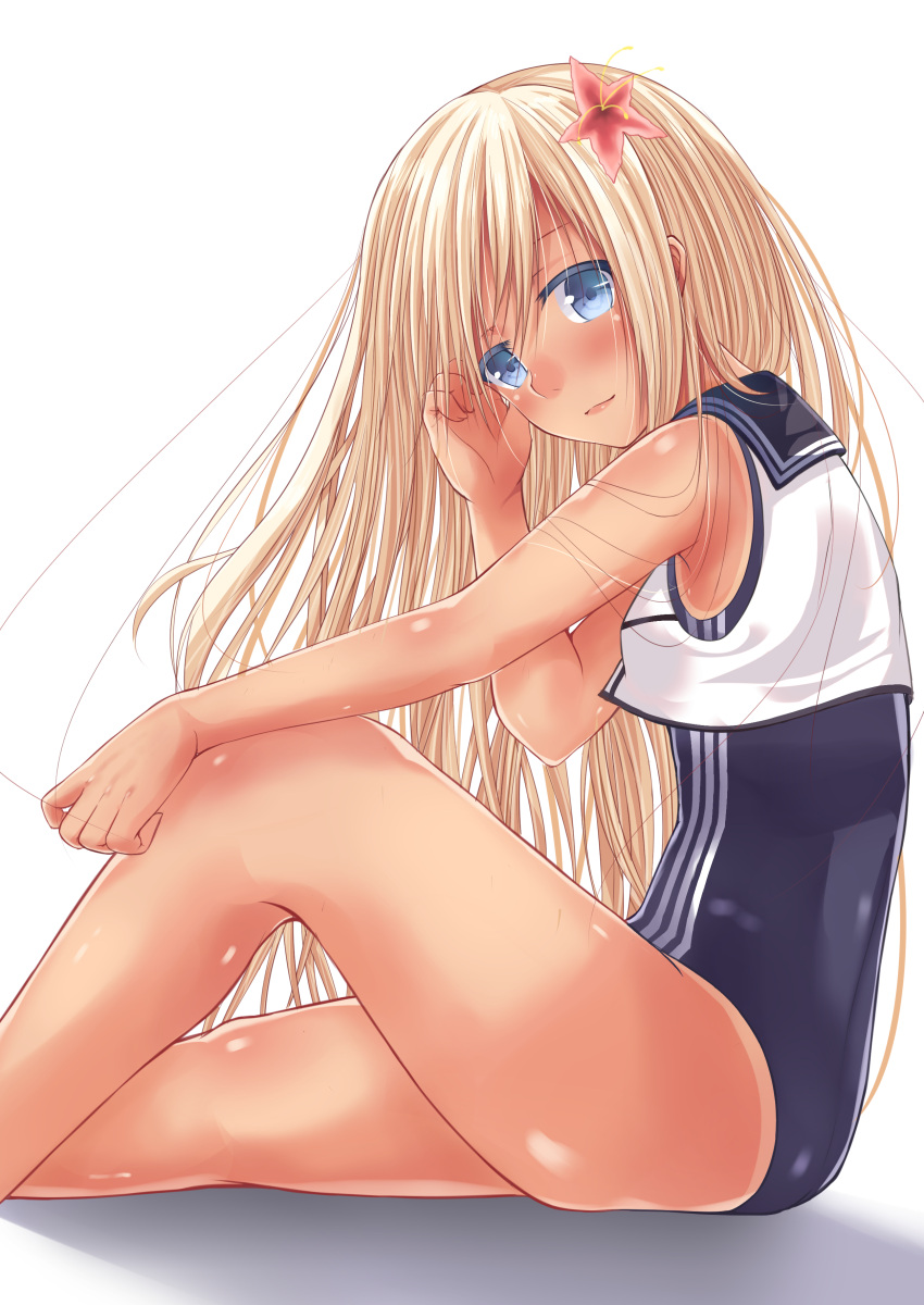 1girl absurdres bare_arms bare_legs bare_shoulders blonde_hair blue_eyes blue_swimsuit blush competition_school_swimsuit flower go-1 hair_flower hair_ornament hibiscus highres kantai_collection long_hair looking_at_viewer one-piece_swimsuit ro-500_(kantai_collection) sailor_collar school_swimsuit simple_background sitting smile solo swimsuit tan tanline very_long_hair white_background white_vest