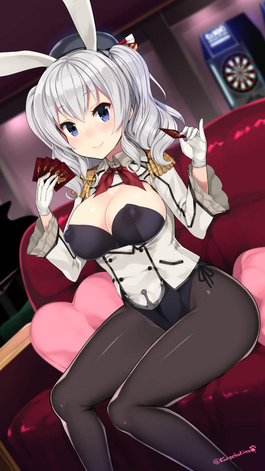 1girl adapted_costume animal_ears beret black_legwear blue_eyes breasts bunny_girl bunnysuit buttons card commentary_request couch covered_nipples epaulettes fake_animal_ears frilled_sleeves frills gloves hat heart heart_pillow highres holding holding_card indoors jacket kantai_collection kashima_(kantai_collection) kerchief kuro_chairo_no_neko large_breasts leotard long_hair looking_at_viewer military military_uniform nipples pantyhose paw_print pillow playboy_bunny_leotard rabbit_ears sidelocks silver_hair sitting smile solo target tsurime twintails twitter_username uniform wavy_hair white_gloves