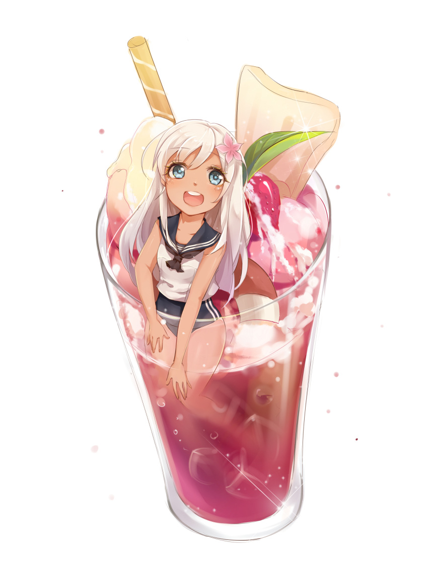 1girl :d absurdres bangs bare_legs blonde_hair blue_eyes crop_top cup drinking_glass flower food from_above fruit glass hair_flower hair_ornament happy highres ice_cream ice_cream_float in_container kantai_collection leaf lifebuoy long_hair looking_at_viewer minigirl mxn neckerchief open_mouth oversized_object ro-500_(kantai_collection) sailor_collar school_swimsuit simple_background sleeveless smile solo sparkle strawberry swept_bangs swimsuit swimsuit_under_clothes tan tanline wafer_stick white_background