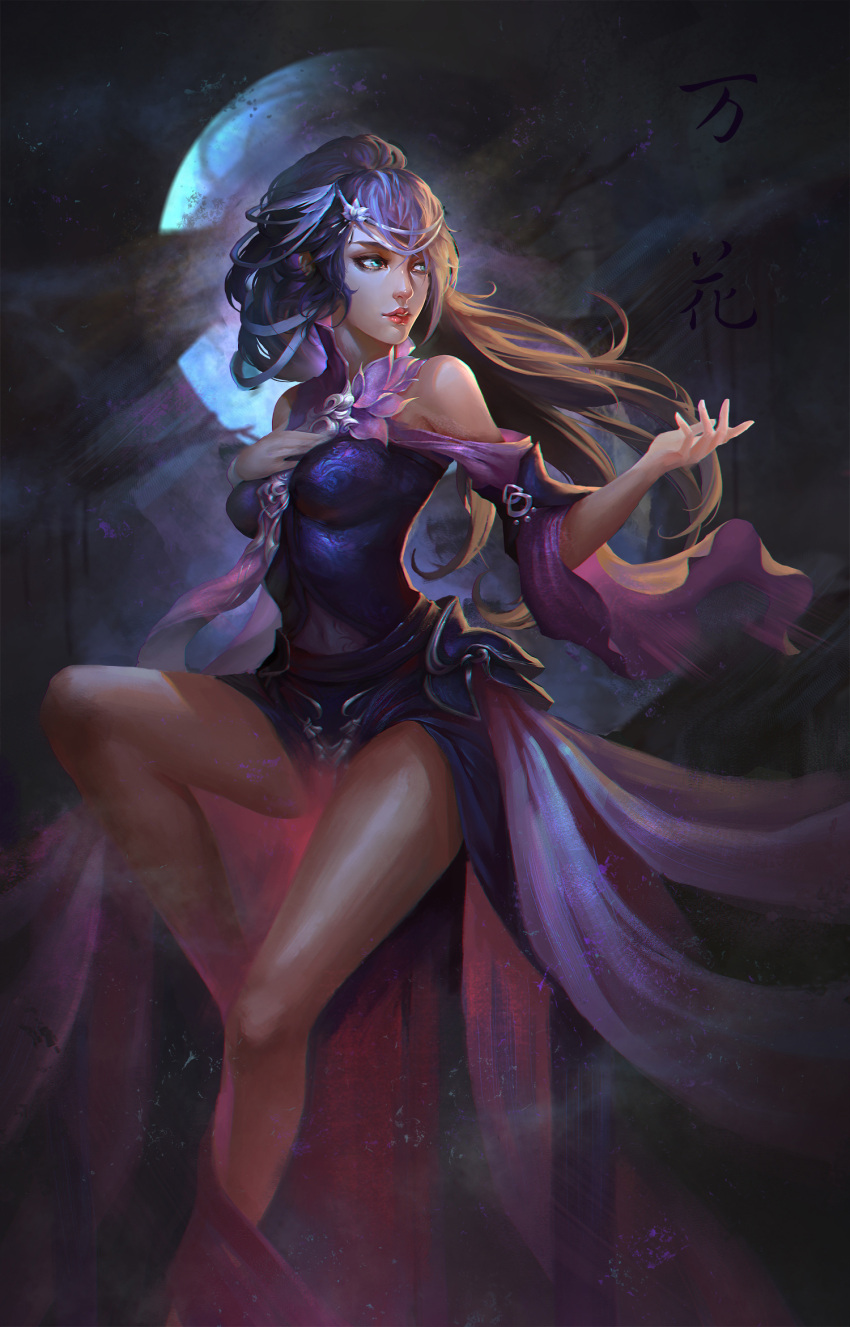 1girl bare_legs bare_shoulders breasts detached_sleeves flower full_moon green_eyes hair_flower hair_ornament hand_on_own_chest high_ponytail highres looking_to_the_side moon night outdoors outstretched_hand parted_lips puckered_lips purple_hair realistic sitting solo x.four
