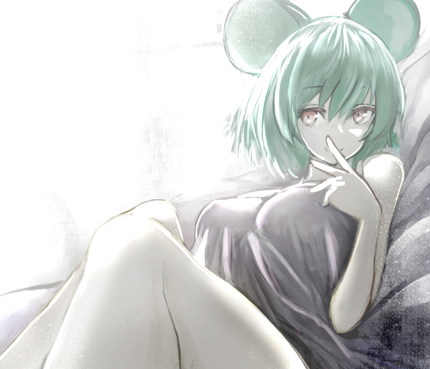 1girl absurdres alternate_hair_color animal_ears bed bed_sheet breasts covered_nipples finger_to_mouth green_hair highres large_breasts legs_together light_particles looking_to_the_side morning mouse_ears naked_sheet nazrin red_eyes shiny shiny_hair short_hair smile solo sunlight touhou watchi window