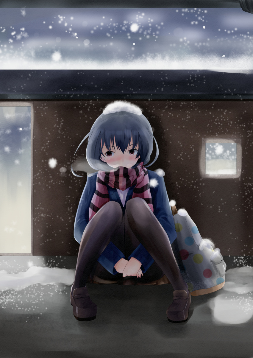 1girl absurdres bag black_legwear black_scarf blue_coat blue_hair blush breath brown_shoes brown_skirt clouds cloudy_sky coat frown hands_together highres knees_together_feet_apart loafers long_sleeves original outdoors pantyhose railing red_eyes red_scarf scarf school_bag shoes short_hair sitting skirt sky snow_on_head snowflakes snowing solo soundsechop striped striped_scarf winter_clothes winter_coat