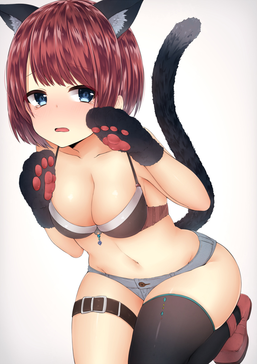 1girl akky_(akimi1127) animal_ears bangs blue_eyes blush bra braid breasts cat_ears cat_paws cat_tail cleavage collarbone cosplay denim denim_shorts highres looking_at_viewer navel original parted_lips paws red_shoes redhead shirtless shoes short_hair short_shorts shorts simple_background single_braid single_thighhigh solo tail tearing_up tears thigh-highs thigh_strap underwear white_background