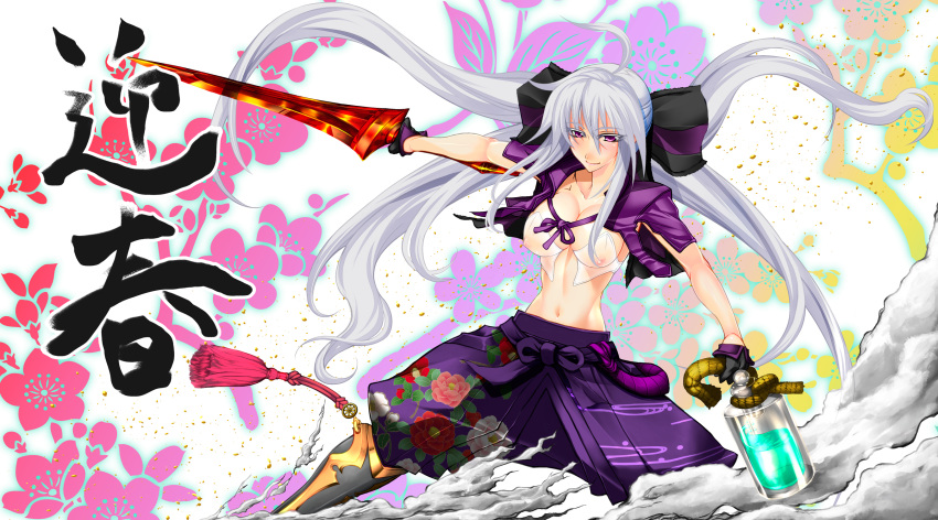 1girl blush breasts commentary_request doomblade highres japanese_clothes large_breasts long_hair looking_at_viewer midriff necktie nengajou new_year nipples ponytail red_eyes ribbon see-through silver_hair solo sword very_long_hair vocaloid voyakiloid weapon yowane_haku