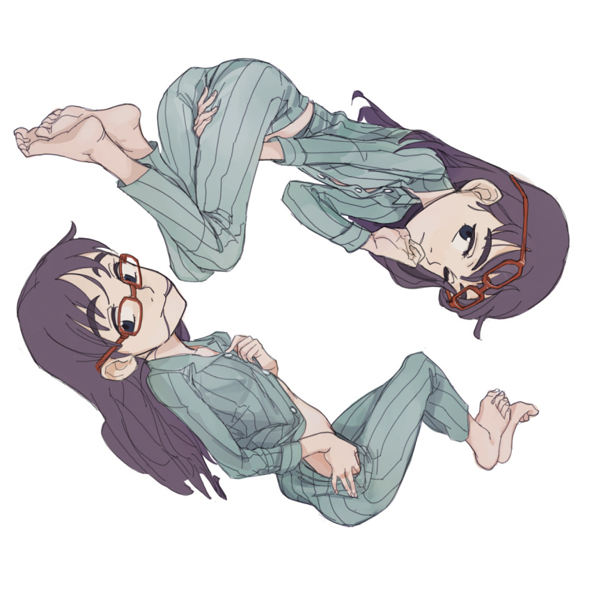 1girl barefoot between_legs eyebrows flat_chest flcl glasses hair_in_mouth hand_between_legs highres long_hair midriff ninamori_eri one_eye_closed pajamas purple_hair red-framed_glasses season_(artist) simple_background smile striped unbuttoning undressing white_background