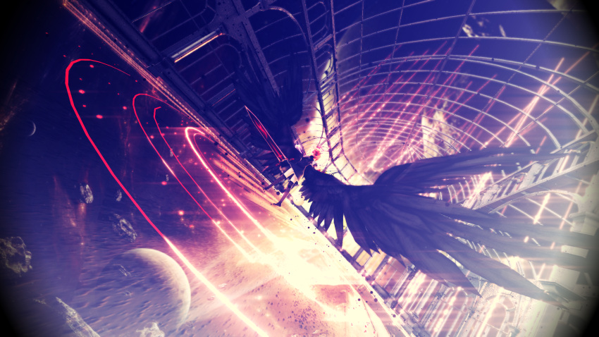 1girl 3d black_wings highres large_wings mikumikudance planet rumia solo sword touhou weapon wings