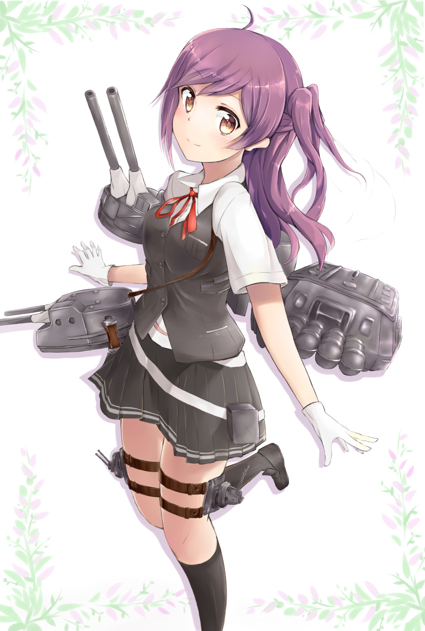 1girl aa_gun absurdres blouse breasts cannon flower gloves hagikaze_(kantai_collection) highres kantai_collection loafers long_hair machinery nagiha_kuten neck_ribbon pleated_skirt purple_hair ribbon shoes side_ponytail skirt socks solo torpedo turret vest yellow_eyes