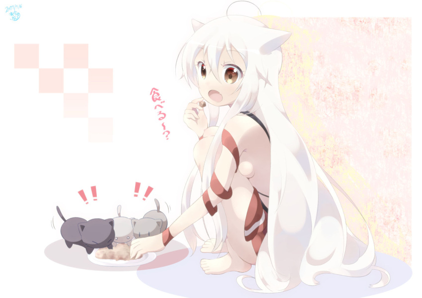 !! 1girl ahoge animal_ears aosora_neko barefoot breasts brown_eyes cat cat_ears cat_food chiya_(urara_meirochou) commentary_request dated fang hair_between_eyes long_hair looking_at_viewer open_mouth plate sideboob solo squatting translated urara_meirochou very_long_hair white_hair