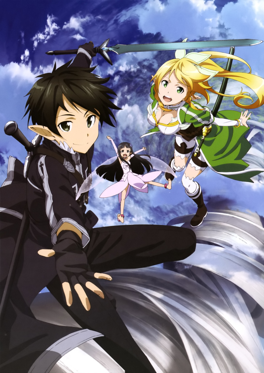 1boy 2girls absurdres black_eyes black_hair blonde_hair breasts cleavage fingerless_gloves gloves green_eyes highres holding_sword holding_weapon katana kirito kirito_(sao-alo) leafa long_hair looking_at_viewer multiple_girls open_mouth pointy_ears smile sword sword_art_online weapon yui_(sao) yui_(sao-alo)