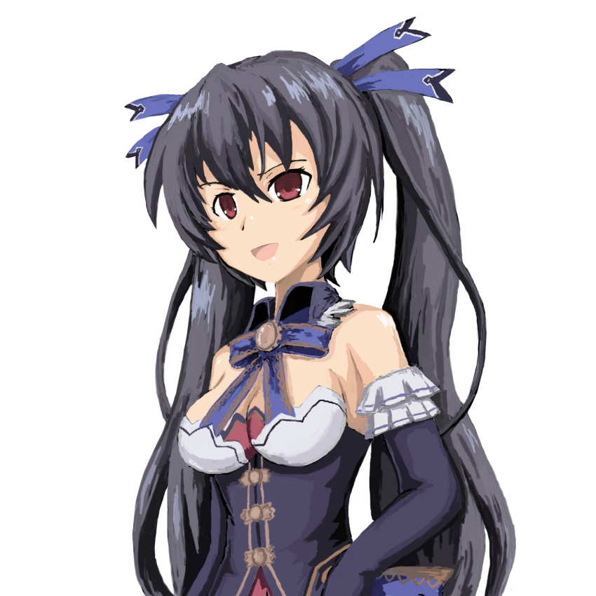 1girl bare_shoulders black_hair breasts cleavage hair_ornament highres kmd long_hair looking_at_viewer neptune_(series) noire open_mouth red_eyes ribbon smile solo twintails very_long_hair