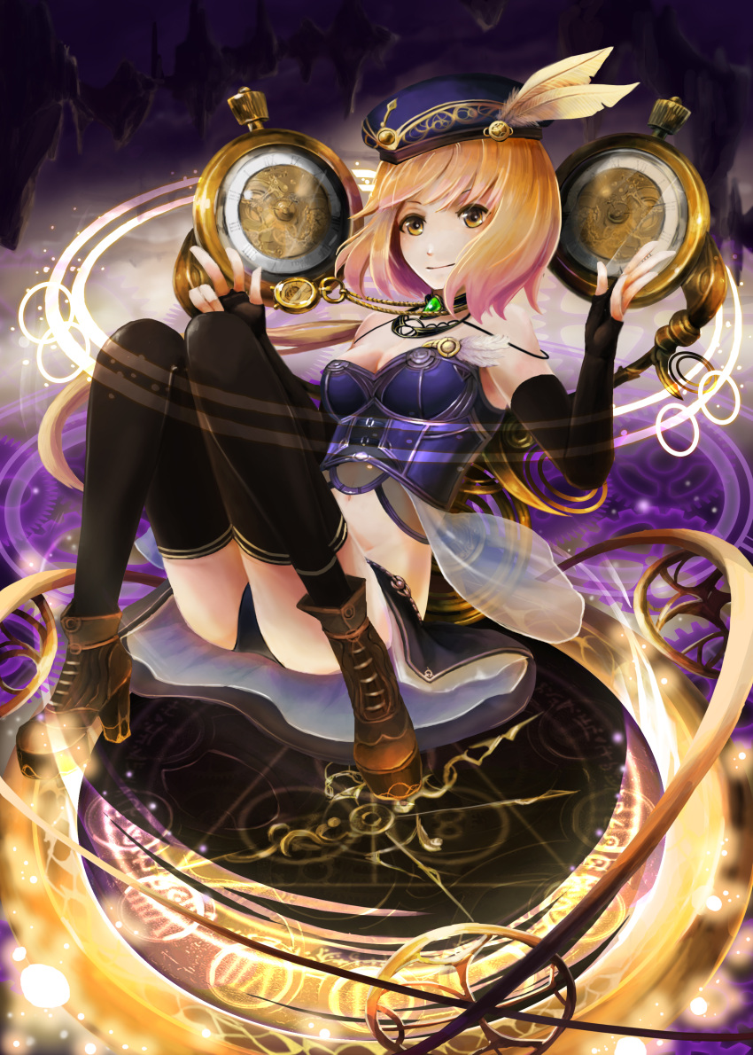 1girl absurdres bare_shoulders black_gloves black_skirt boots brown_boots clock elbow_gloves fantasy fingerless_gloves gloves hat hat_feather highres jewelry midriff million_arthur_(series) navel necklace original radram see-through short_hair skirt solo stopwatch thigh-highs upskirt watch yellow_eyes