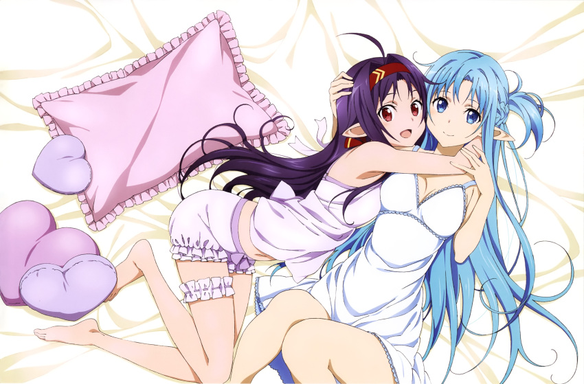 2girls absurdres asuna_(sao) asuna_(sao-alo) bed blue_eyes blue_hair breasts cleavage dress hair_ornament highres hug long_hair looking_at_viewer lying multiple_girls nakamura_naoto on_back open_mouth pillow purple_hair red_eyes smile sword_art_online white_dress yuuki_(sao)