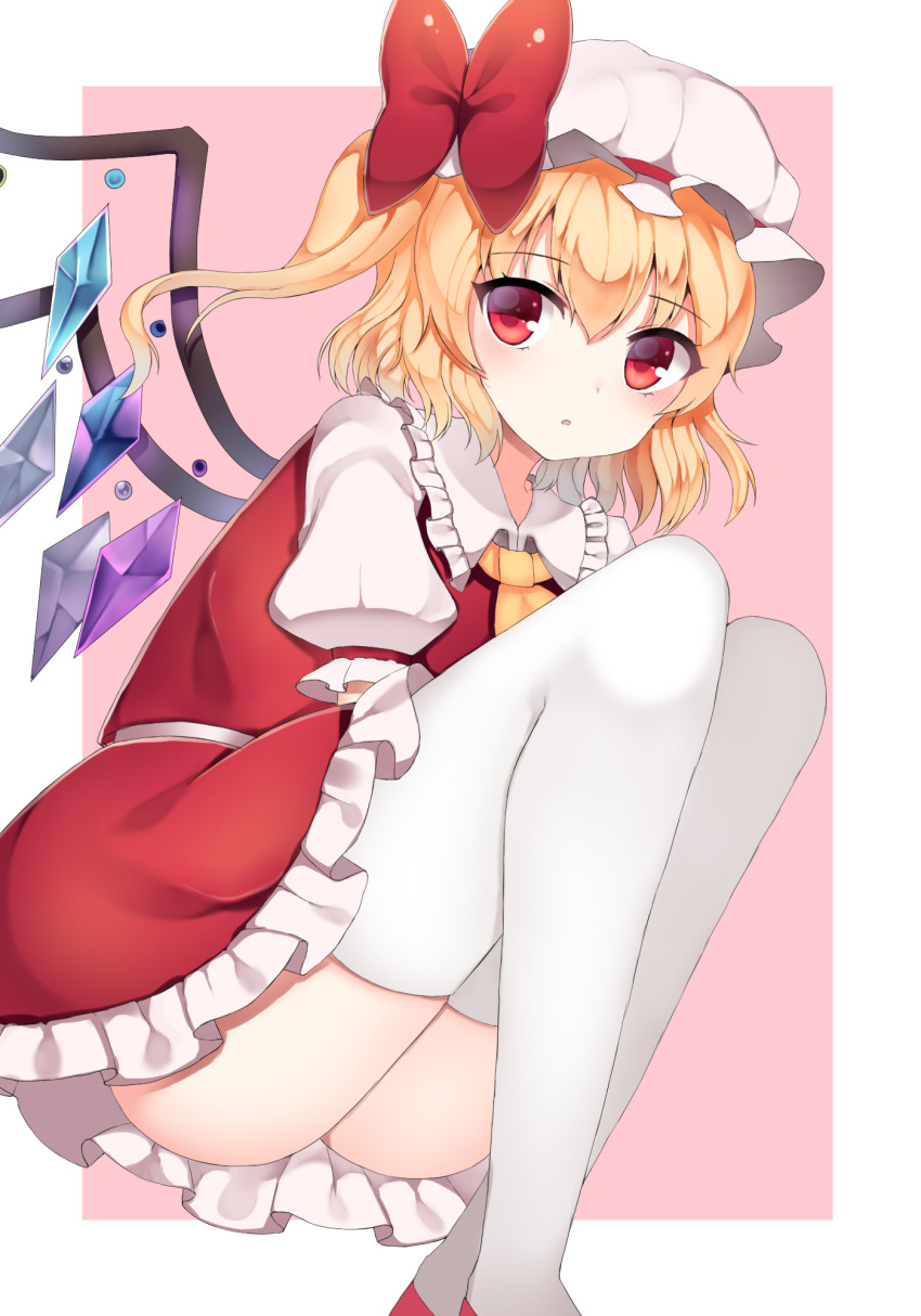 1girl ascot ass blonde_hair bow flandre_scarlet hat hat_bow highres looking_at_viewer mob_cap papo puffy_short_sleeves puffy_sleeves red_eyes shirt short_sleeves side_ponytail skirt skirt_set solo thigh-highs thighs touhou upskirt vest white_legwear wings zettai_ryouiki