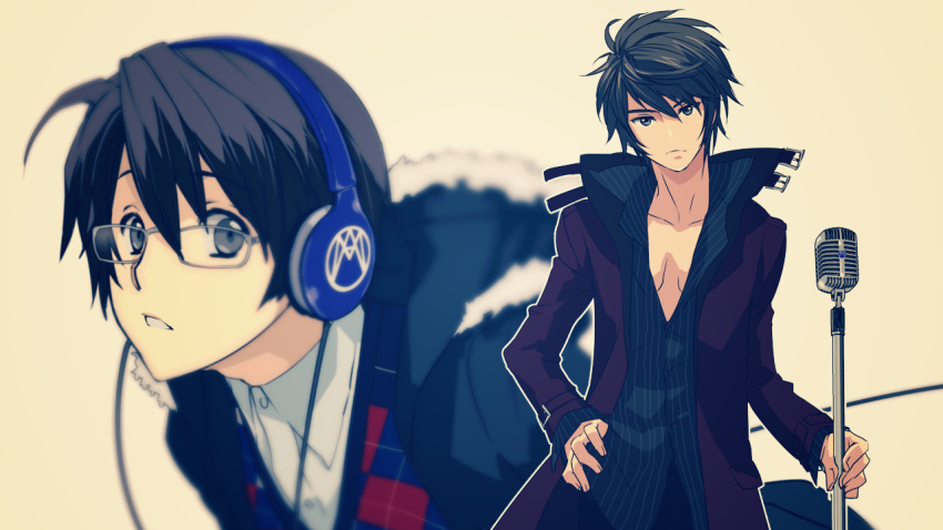 1boy alternate_costume argyle argyle_sweater bangs belt black_hair blue_eyes buckle cable closed_mouth coat collared_shirt dress_shirt frown fur_trim glasses hand_on_hip headphones hiyama_kiyoteru hooded_jacket looking_at_viewer male_focus microphone_stand mouri multiple_views no_glasses projected_inset shirt simple_background sweater upper_body vocaloid