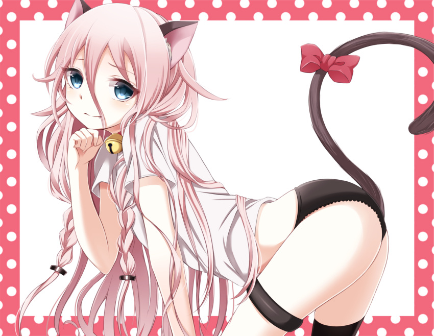 1girl alternate_costume animal_ears arched_back bell bell_collar bent_over black_legwear black_panties blue_eyes border bow braid cat_ears cat_tail closed_mouth collar fang_out from_side hair_between_eyes hair_ornament hairclip ia_(vocaloid) long_hair looking_at_viewer panties pink_hair polka_dot red_bow shirt short_sleeves single_thighhigh smile solo t-shirt tail tail_bow thigh-highs twin_braids underwear very_long_hair vocaloid white_background yamagara