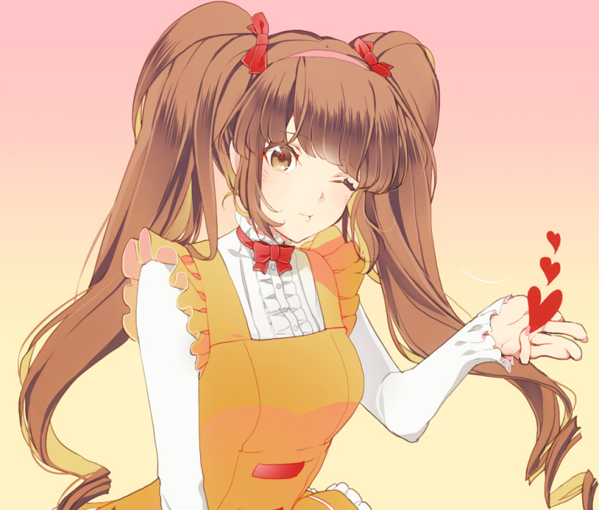 1girl bangs bow brown_eyes brown_hair center_frills chibimi chibita frilled_sleeves frills genderswap gradient gradient_background hair_bow hairband heart komenama long_hair long_sleeves looking_at_viewer one_eye_closed osomatsu-san red_bow red_bowtie solo twintails upper_body very_long_hair whiskers