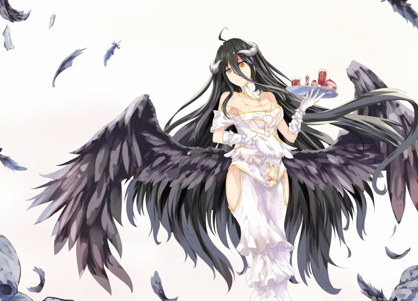 1girl ahoge albedo black_hair breasts cleavage feathers highres horns long_hair overlord_(maruyama) smile solo tray white_crow wings