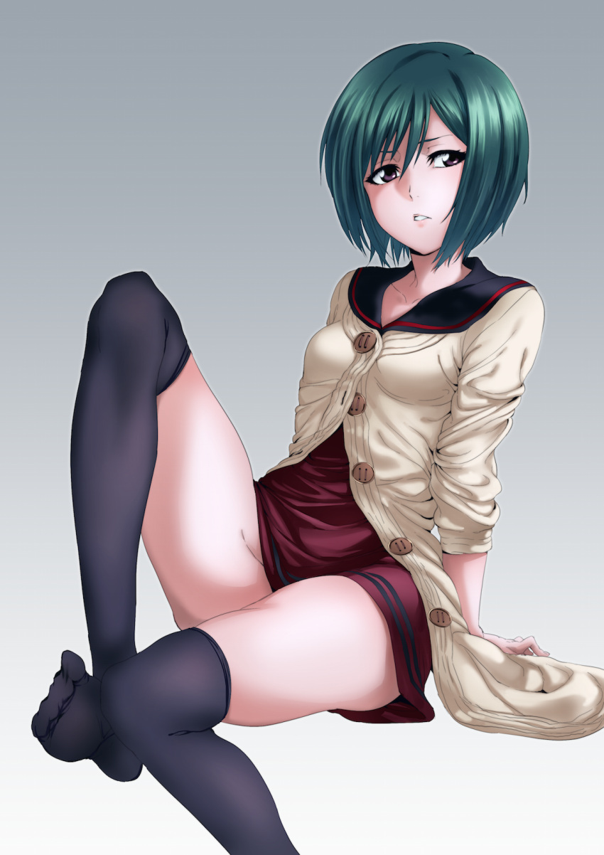 1girl arm_support bangs bleach buttons cardigan collarbone dress gradient gradient_background green_hair hair_between_eyes highres kujou_nozomi long_sleeves looking_to_the_side no_shoes over-kneehighs parted_lips puma_(hyuma1219) red_dress sailor_collar short_dress solo thigh-highs unbuttoned