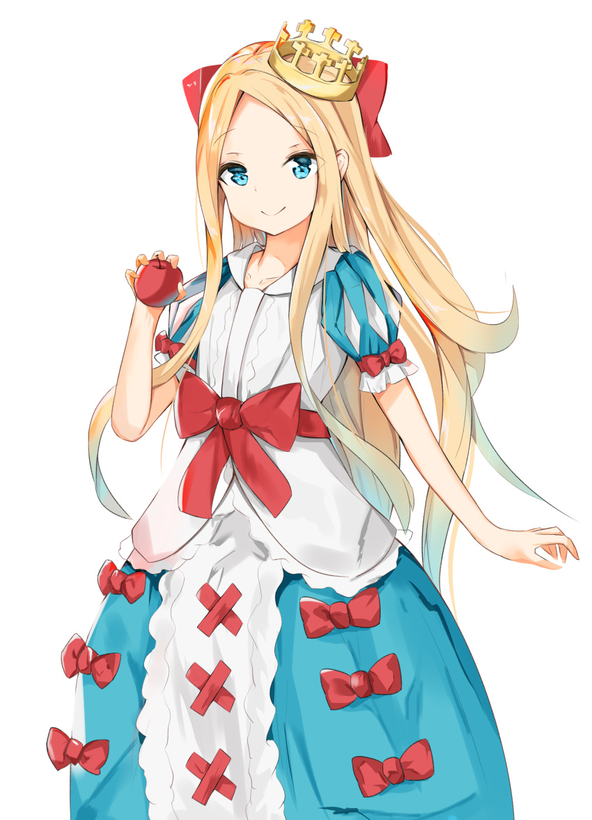 1girl abigail_williams_(fate/grand_order) absurdres apple bangs blonde_hair blue_eyes blue_skirt blush bow closed_mouth collarbone commentary_request crown eyebrows_visible_through_hair fate/grand_order fate_(series) food forehead fruit hair_bow highres holding holding_food holding_fruit long_hair mini_crown parted_bangs puff_and_slash_sleeves puffy_short_sleeves puffy_sleeves red_apple red_bow shirt short_sleeves simple_background skirt smile solo tilted_headwear very_long_hair white_background white_shirt yukaa