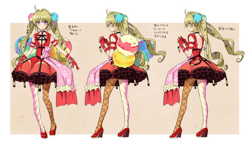 1girl ahoge arm_garter blonde_hair bracelet character_sheet choker dress food food_as_clothes food_themed_clothes food_themed_ornament frilled_dress frills from_behind frown gloves hair_ornament ice_cream jewelry long_hair mismatched_legwear multiple_views ninomoto original pantyhose petticoat pink_eyes red_dress red_gloves red_shoes ribbon shoes standing steepled_fingers twintails very_long_hair