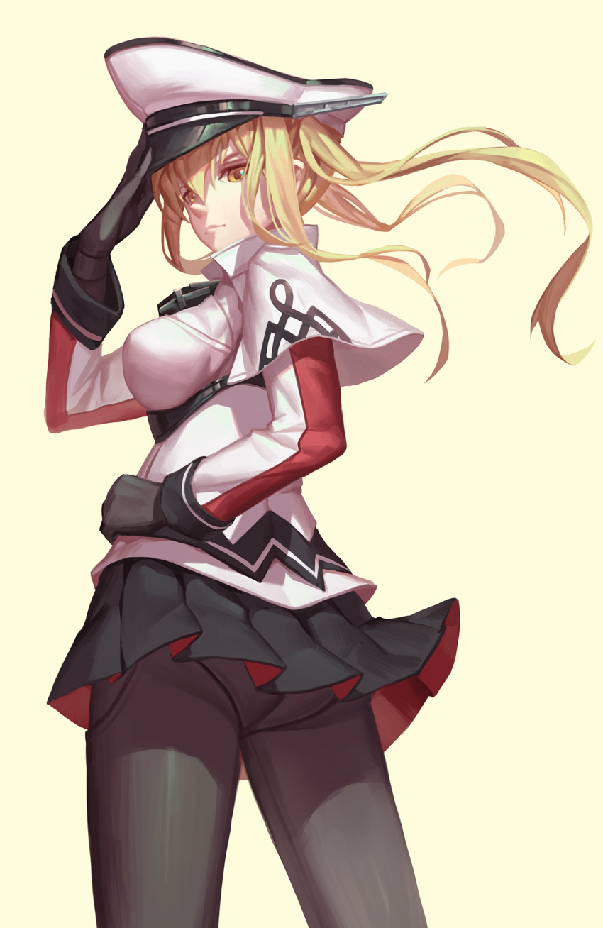 1girl ass black_gloves black_legwear blonde_hair breasts capelet celtic_knot gloves graf_zeppelin_(kantai_collection) hat highres kantai_collection large_breasts long_hair long_sleeves looking_at_viewer military_hat miniskirt nian panties panties_under_pantyhose pantyhose pleated_skirt revision salute shirt skirt solo underwear upskirt wind wind_lift yellow_eyes