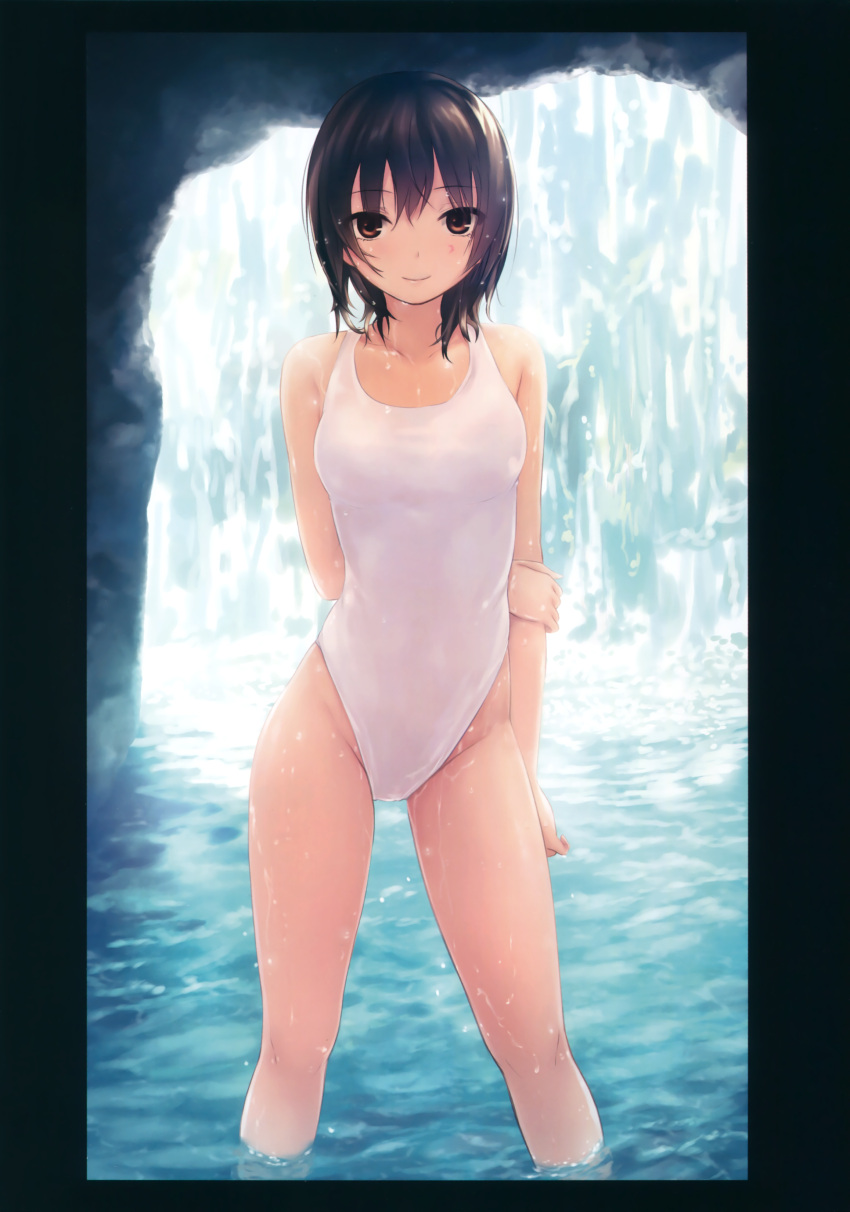 1girl absurdres aoyama_sumika black_hair brown_eyes casual_one-piece_swimsuit coffee-kizoku highres looking_at_viewer one-piece_swimsuit original scan short_hair smile solo swimsuit wading wet wet_hair white_swimsuit