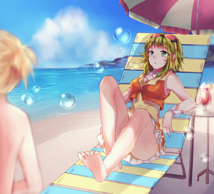 1boy 1girl :o ahoge armpits bangs bare_back bare_legs barefoot beach beach_umbrella blonde_hair blue_sky blurry cocktail collar collared_shirt deck_chair depth_of_field drink drinking_straw elbow_gloves frilled_skirt frills glass gloves goggles goggles_on_head green_eyes green_hair gumi highres horizon hurricane_glass kagamine_len knees_up lying miniskirt ocean on_back orange_panties orange_skirt orange_vest outdoors panties pantyshot pantyshot_(sitting) parted_lips ponytail qingshui_ai reclining sand shirt shirtless short_hair sitting skirt sky sleeveless sleeveless_shirt soap_bubbles soles solo_focus table underwear vocaloid water wrist_cuffs yellow_shirt