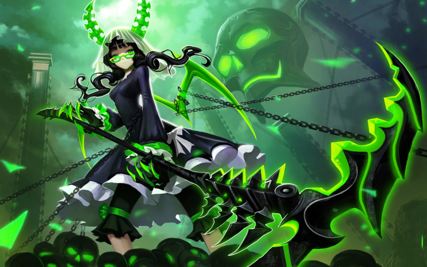 1girl black_dress black_hair black_rock_shooter bridal_veil chain chained choker claws clouds cloudy_sky commentary_request dead_master dress foreshortening green_eyes hime_cut horns liangxing long_hair looking_at_viewer ribbon scythe skull sky small_breasts tower veil wavy_hair weapon wings