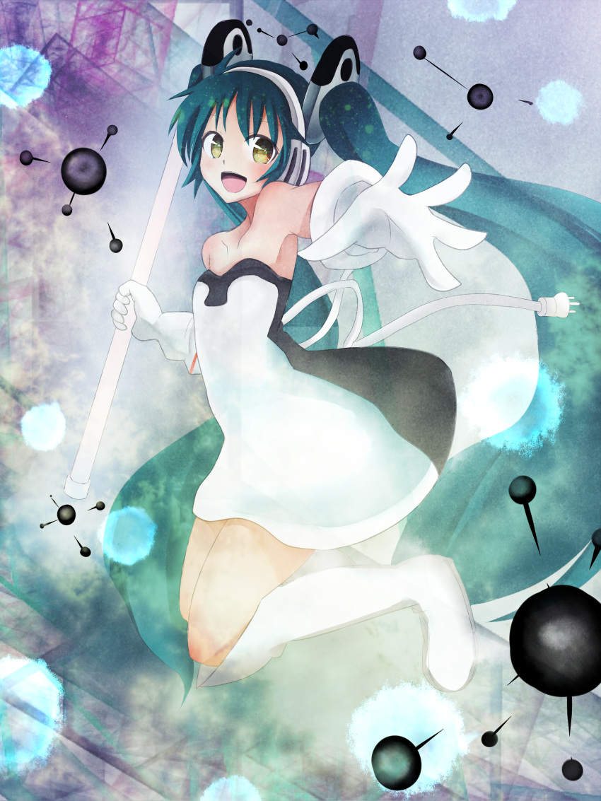 1girl absurdres bare_shoulders blush gloves green_hair hatsune_miku highres kazenoko long_hair looking_at_viewer open_mouth smile solo very_long_hair vocaloid white_gloves