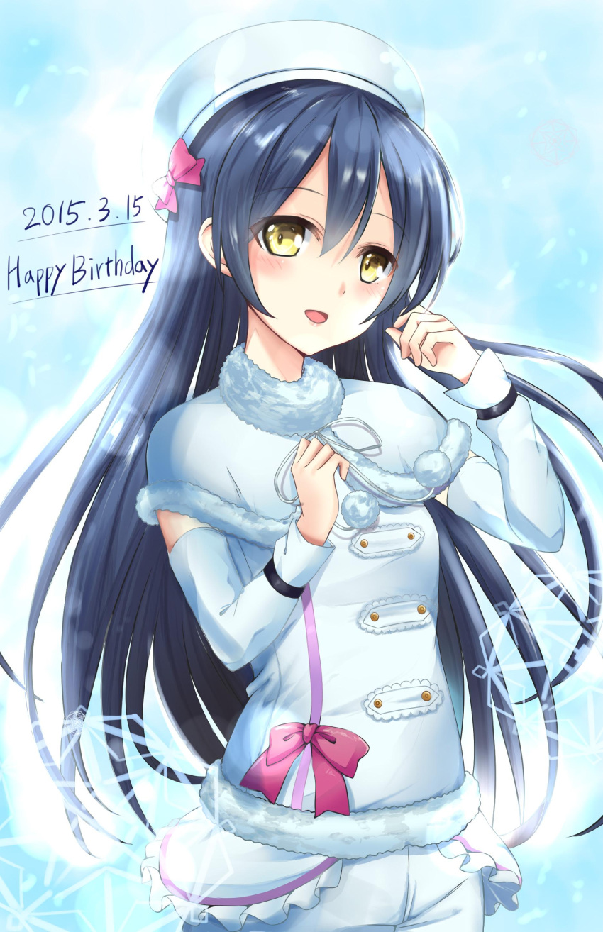 1girl absurdres blue_hair bow cowboy_shot dated detached_sleeves happy_birthday hat highres karumayu long_hair long_sleeves love_live!_school_idol_project open_mouth snow_halation solo sonoda_umi winter_clothes yellow_eyes